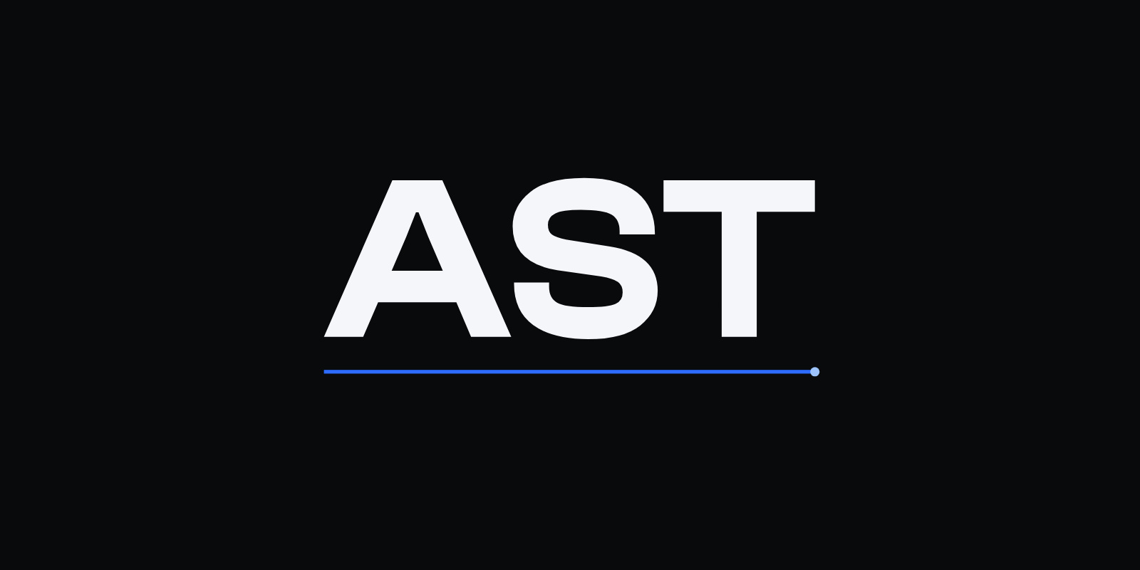 The published AST wordmark: three white letters on a near-black field, with a blue rule and a circular endpoint beneath them.