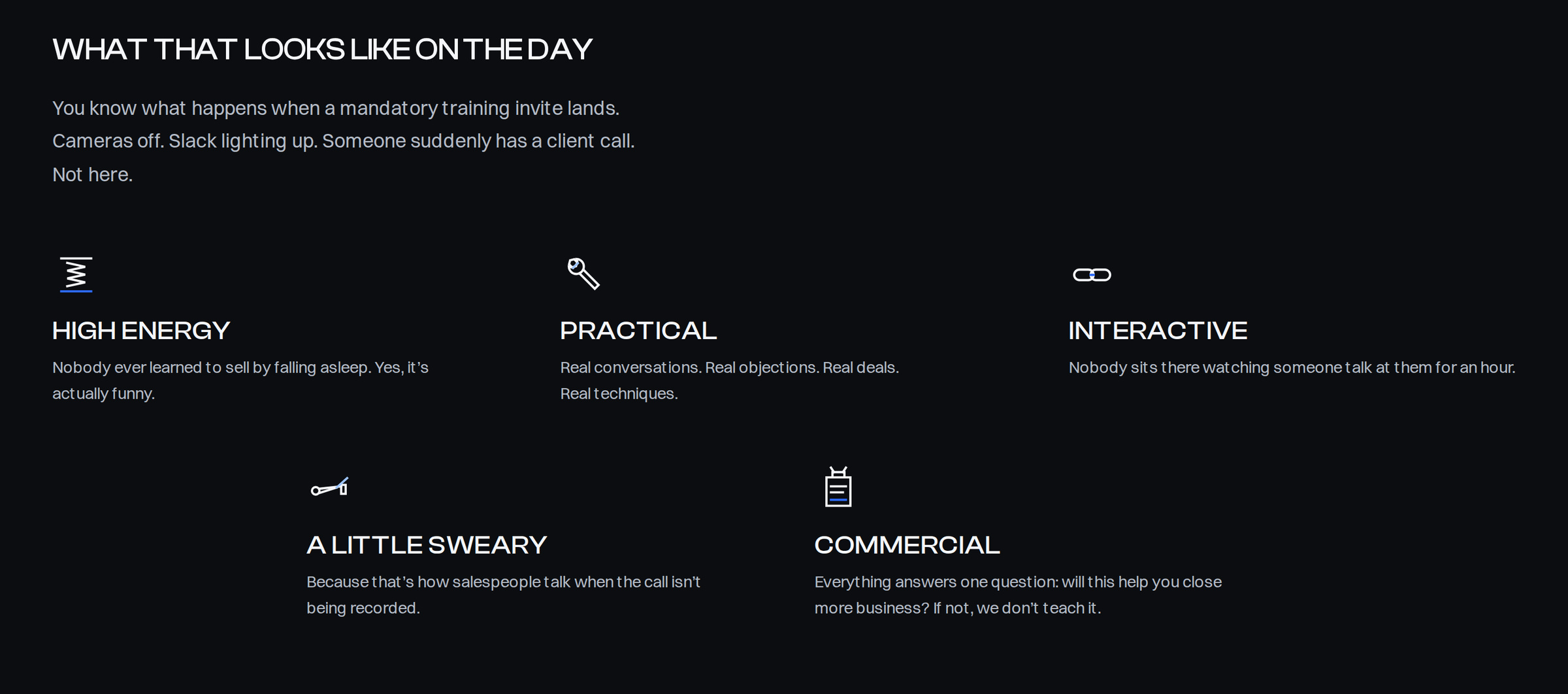 The live website explains the training format through five illustrated points: High energy, Practical, Interactive, A little sweary and Commercial.