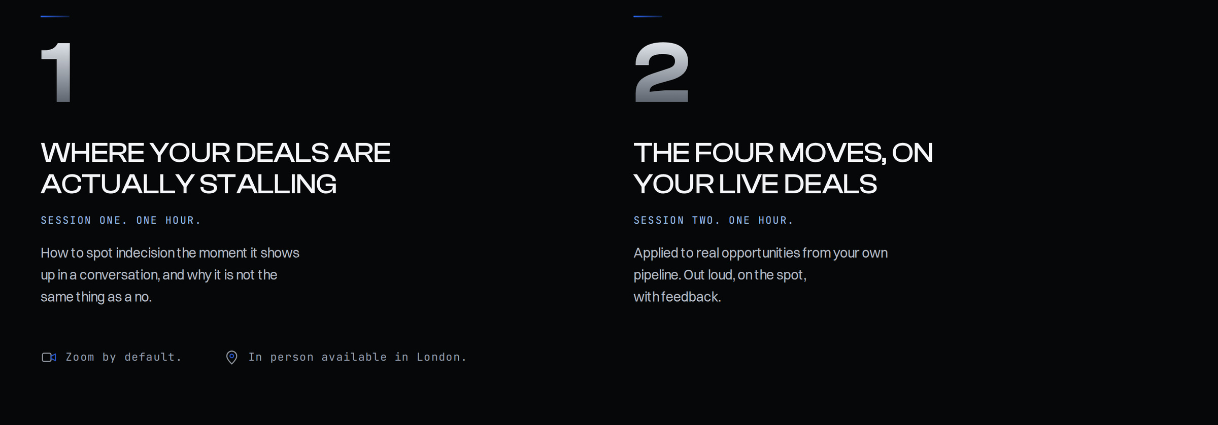 The two session panels on the live website: spotting buyer indecision, then applying the method to live deals. The delivery format and London option sit beneath them.