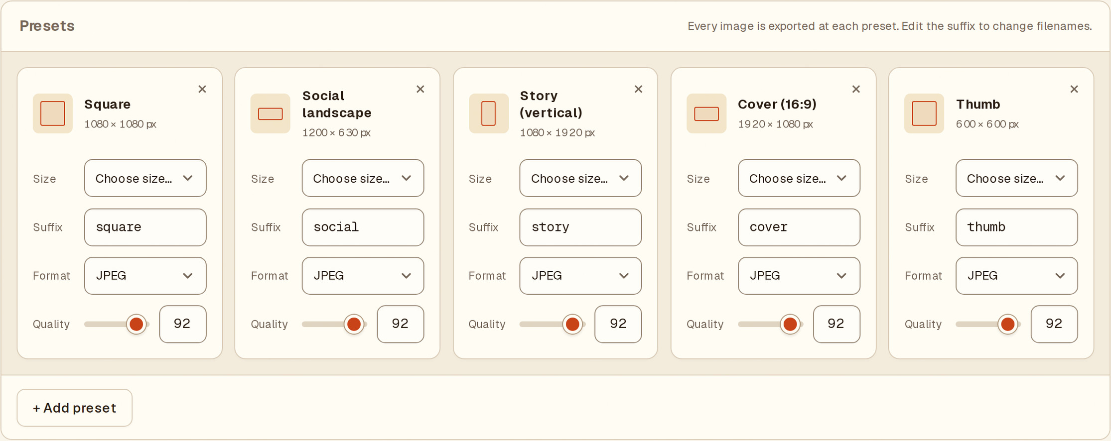 The live batch cropper's five export presets: Square, Social landscape, Story, Cover and Thumb, each with a size menu, filename suffix, format menu and quality setting.
