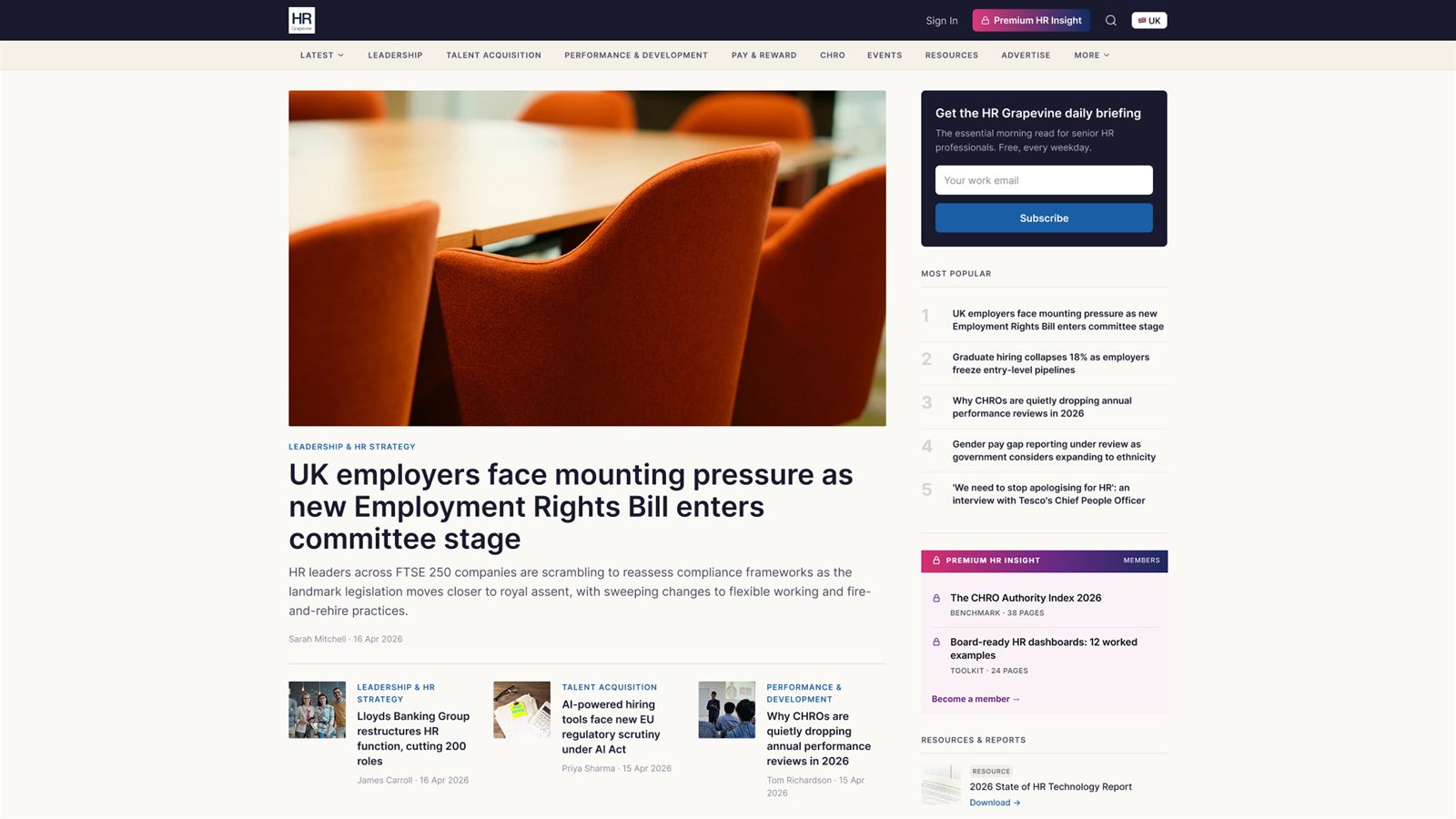 The homepage template: a navy masthead over a cream navigation strip, a boardroom lead photograph above a headline about the Employment Rights Bill, three secondary stories underneath, and a right rail holding the daily briefing sign-up, a numbered most popular list and two premium reports.