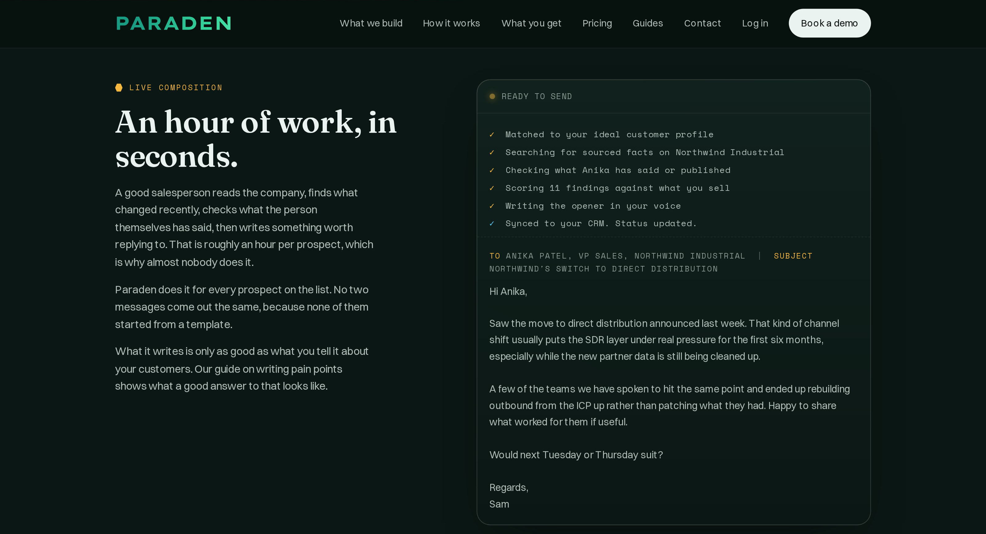 The live composition section: a ready to send panel listing the checks the engine ran, matching, searching sourced facts, scoring findings and writing the opener, above a finished outbound email to a sample prospect.