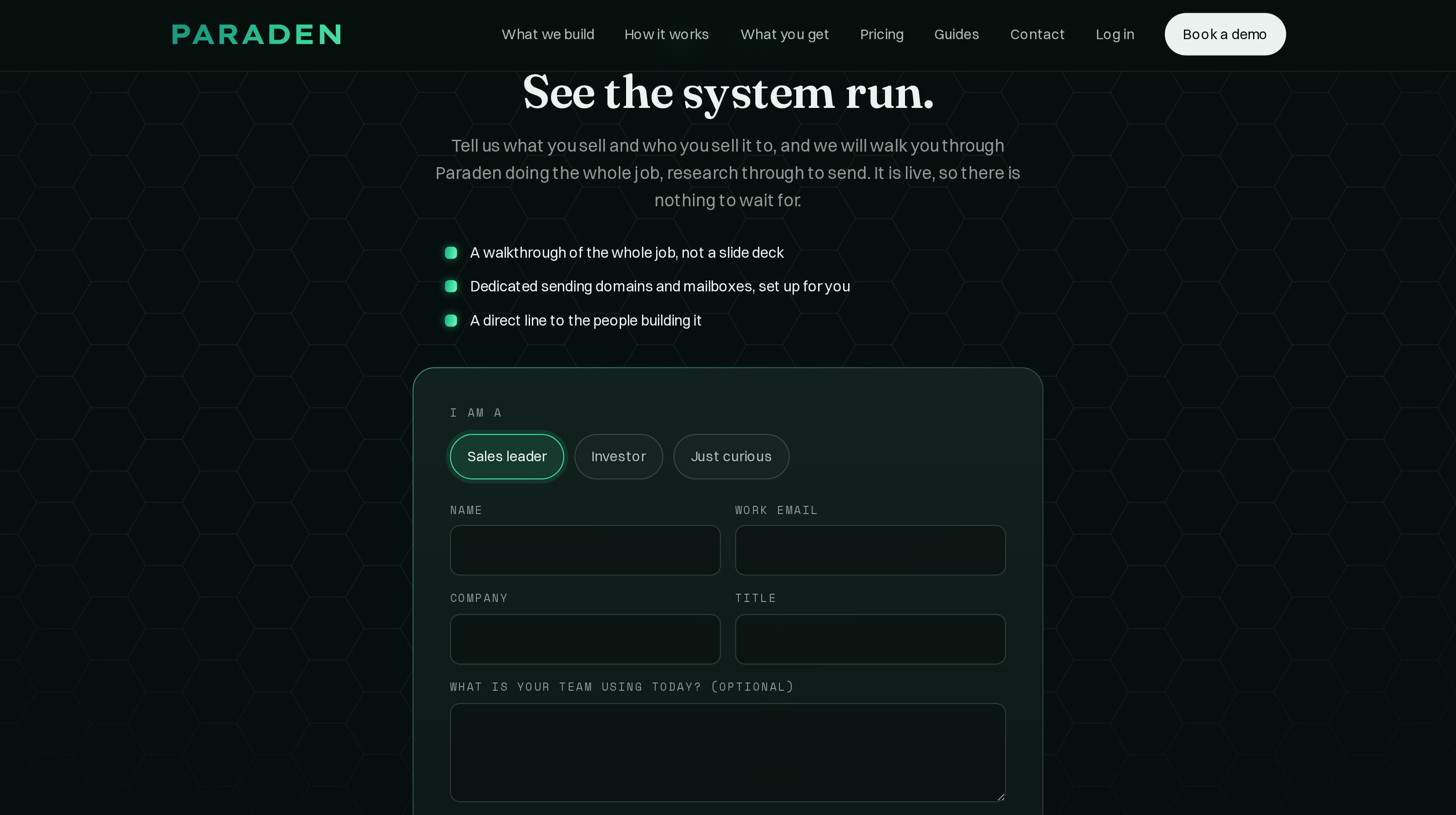 The demo request section on the hexagon field: three role buttons, sales leader, investor and just curious, above a form asking for name, work email, company and title.