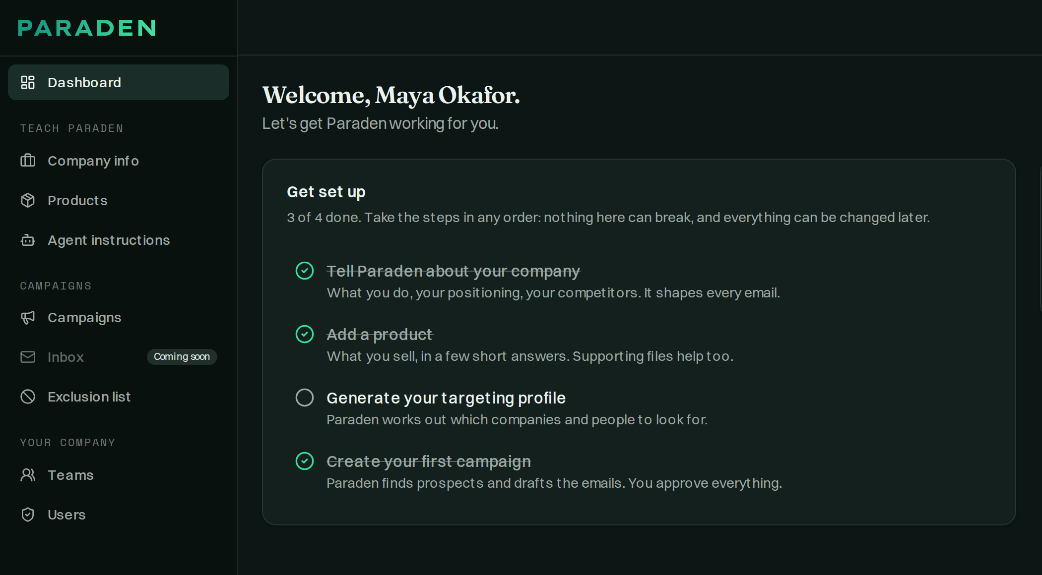 The Paraden app’s setup checklist, three of four steps done.