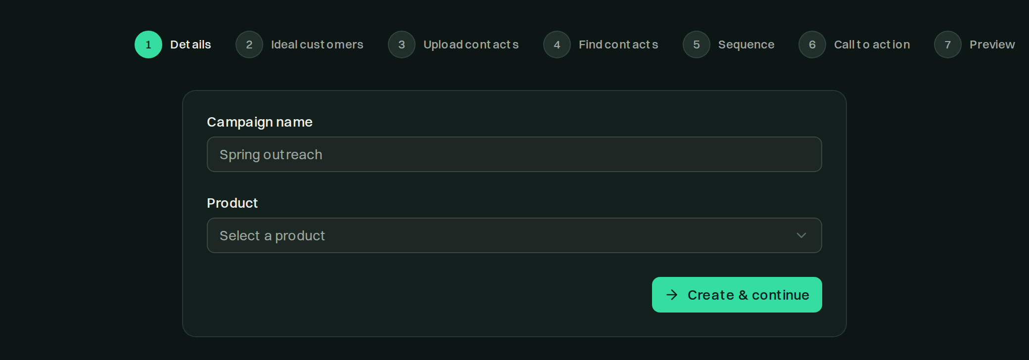 The new campaign screen: seven numbered steps across the top, details, ideal customers, upload contacts, find contacts, sequence, call to action and preview, with the first step asking for a campaign name and a product.